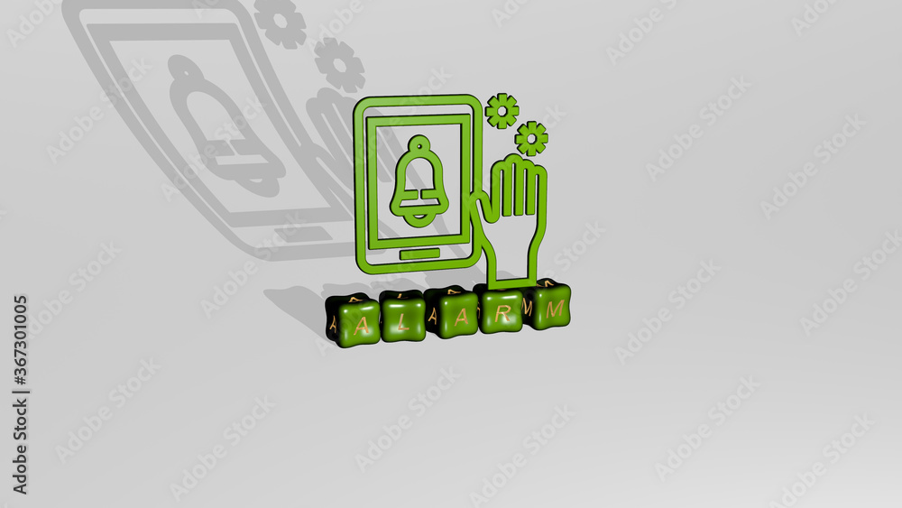 Poster 3d graphical image of alarm vertically along with text built by metallic cubic letters from the top 