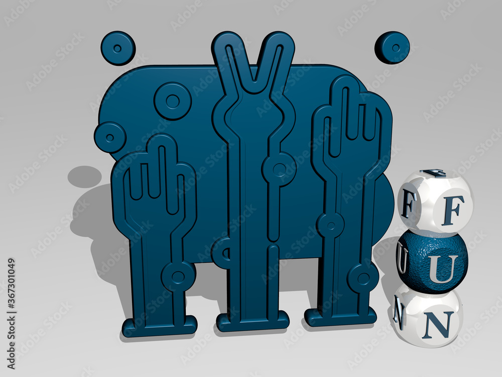 Poster 3d representation of fun with icon on the wall and text arranged by metallic cubic letters on a mirr