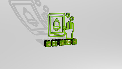 3D graphical image of ALARM vertically along with text built by metallic cubic letters from the top perspective, excellent for the concept presentation and slideshows. clock and illustration