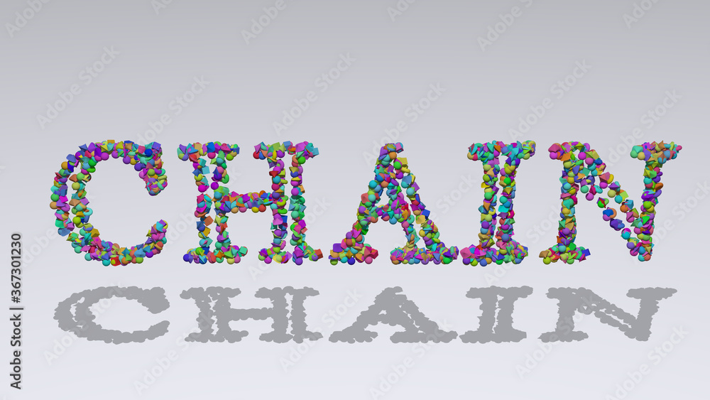 Poster chain: 3d illustration of the text made of small objects over a white background with shadows. conce