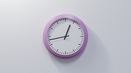Glossy pink clock on a white wall at forty-three past twelve. Time is 00:43 or 12:43