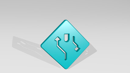 ROAD SIGN DIVIDED HIGHWAY AHEAD from a perspective with the shadow. A thick sculpture made of metallic materials of 3D rendering. background and city