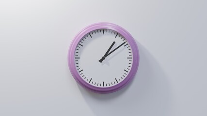 Glossy pink clock on a white wall at nine past one. Time is 01:09 or 13:09