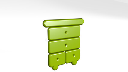 DRESSER DRAWERS from a perspective with the shadow. A thick sculpture made of metallic materials of 3D rendering. background and hair