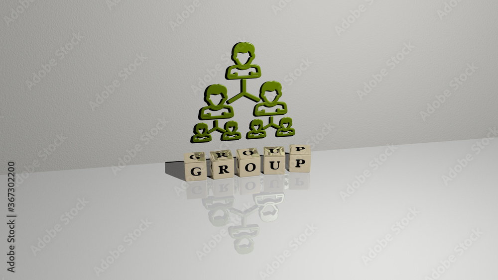 Poster 3d graphical image of group vertically along with text built by metallic cubic letters from the top 