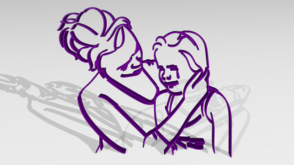 MOTHER HOLDING GIRL CRYING made by 3D illustration of a shiny metallic sculpture with the shadow on light background. child and family