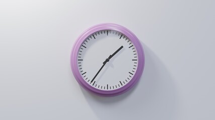 Glossy pink clock on a white wall at thirty-six past one. Time is 01:36 or 13:36