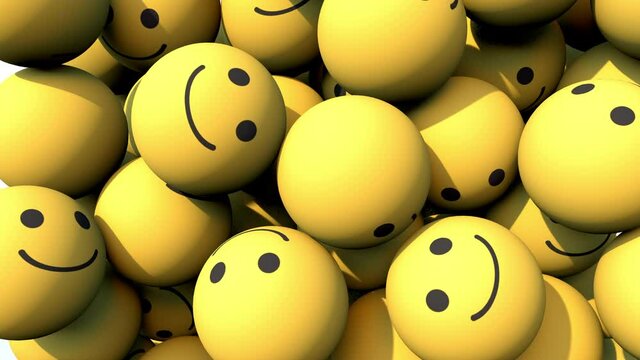Social Media Happy Face balls falling down and piling up. 3D animation in 4K