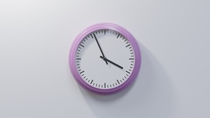 Glossy pink clock on a white wall at fifty-six past three. Time is 03:56 or 15:56