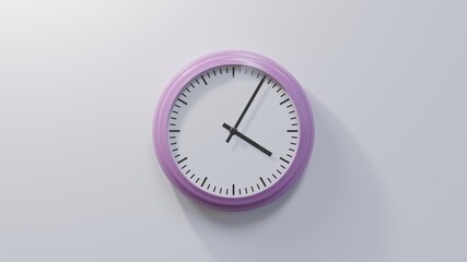 Glossy pink clock on a white wall at five past four. Time is 04:05 or 16:05