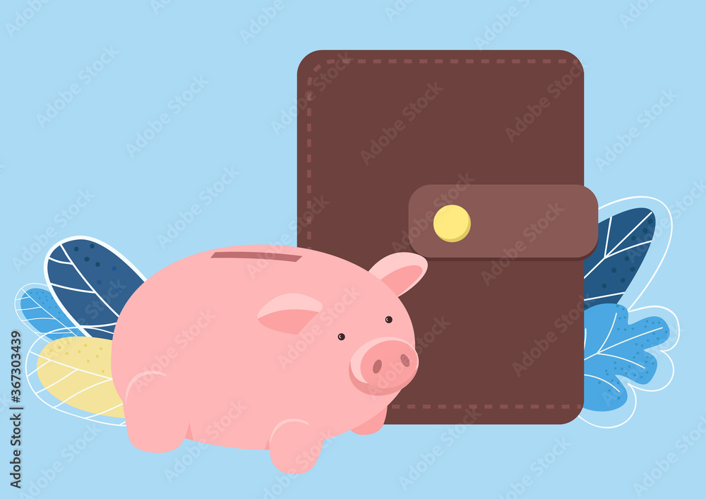 Poster piggy bank and wallet flat color vector object