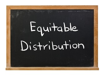 Equitable distribution written in white chalk on a black chalkboard isolated on white