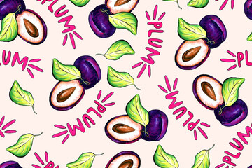 Hand drawn illustration of plum. Seamless pattern with fruit drawing. Organic fruit grown on the farm