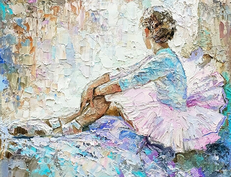 Young  beautiful girl, ballerina in a lush pink ballet tutu sits on the floor of dance class. Created in the expressive manner and light colors. Oil painting on canvas.                               