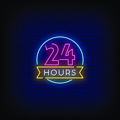 Fototapeta na wymiar 24 Hours Neon Signs Style Text Vector