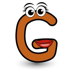Funny hand drawn cartoon styled font colorful letter G with smiling face vector alphabet illustration isolated on white