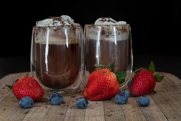 chocolate drink with cream and strawberries