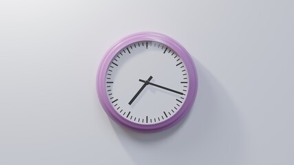 Glossy pink clock on a white wall at eighteen past seven. Time is 07:18 or 19:18