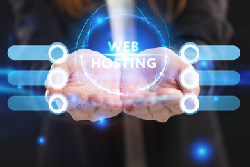Business, Technology, Internet and network concept. Young businessman working on a virtual screen of the future and sees the inscription: Web hosting