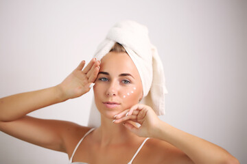 portrait of a beautiful woman applying face cream for skin care