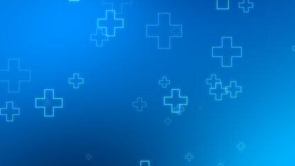 Medical health blue cross neon light shapes pattern background. Abstract healthcare technology and science concept.