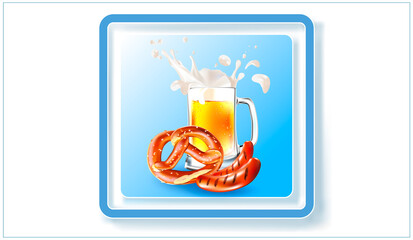 Vector Beer Glass, Barbeque Sausage, Bavarian pretzel.Oktoberfest beer festival.Label, sticker, logo, leaflet for sale of beer.