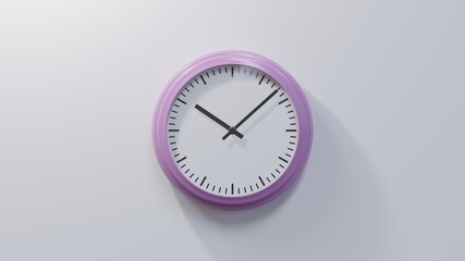 Glossy pink clock on a white wall at eight past ten. Time is 10:08 or 22:08