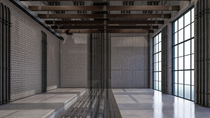 3D Interior Rendering Of Industrial Loft Space Illustration