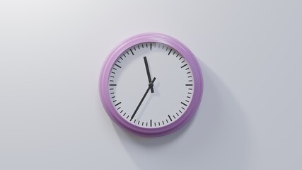 Glossy pink clock on a white wall at thirty-five past eleven. Time is 11:35 or 23:35