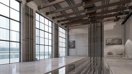 3D Interior Rendering Of Industrial Loft Space Illustration