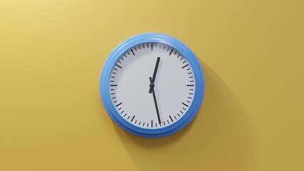 Glossy blue clock on a orange wall at twenty-eight past twelve. Time is 00:28 or 12:28