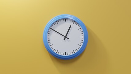 Glossy blue clock on a orange wall at ten to one. Time is 00:50 or 12:50