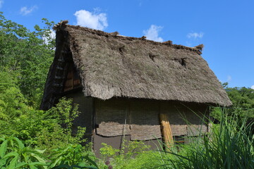 Fototapeta na wymiar 藁で作られた屋根の木造の古い物置