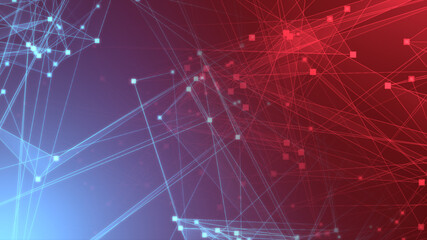 Abstract red blue polygon tech network with connect technology background. Abstract dots and lines texture background. 3d rendering.