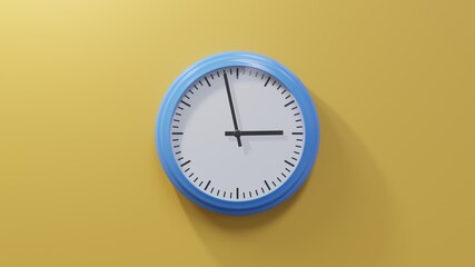 Glossy blue clock on a orange wall at fifty-eight past two. Time is 02:58 or 14:58