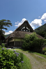 Fototapeta na wymiar 藁で作られた屋根のあるお寺