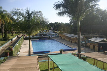 
large pool with blue water next to palm trees in water park
