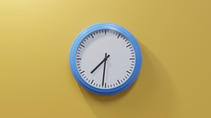 Glossy blue clock on a orange wall at thirty-one past seven. Time is 07:31 or 19:31