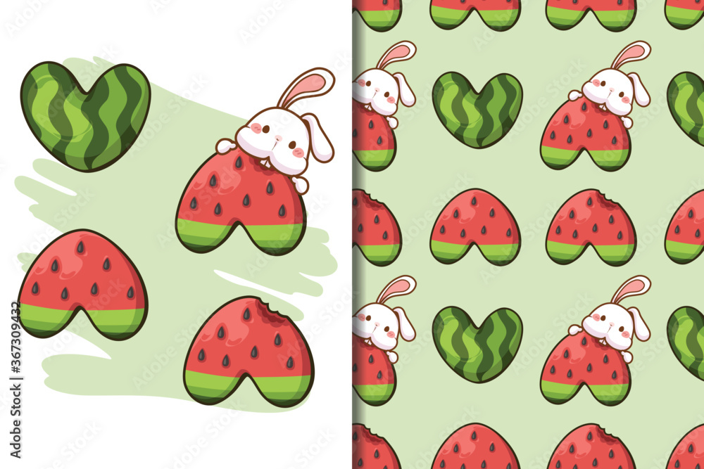 Wall mural wallpaper and pattern heart shape watermelon and whit rabbit cartoon