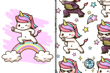 Wallpaper and pattern cute unicorn and rainbow cartoon, Vector illustration