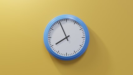 Glossy blue clock on a orange wall at fifty-six past seven. Time is 07:56 or 19:56