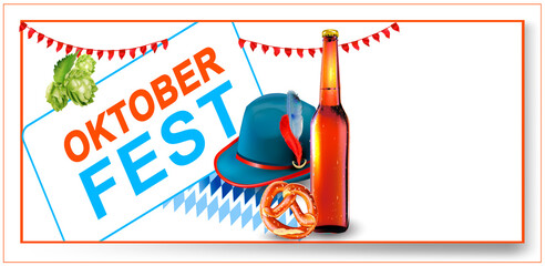 Vector Bottle of Beer. Bavarian pretzel.Oktoberfest beer festival. Label, sticker, logo, leaflet for sale of beer.