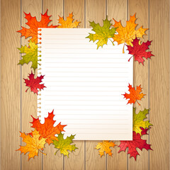 Naklejka na ściany i meble Vector autumn illustration with colorful maple leaves and notebook paper page on wooden table background