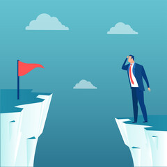 Naklejka premium Vector of a business man standing on a cliff thinking how to achieve career goals