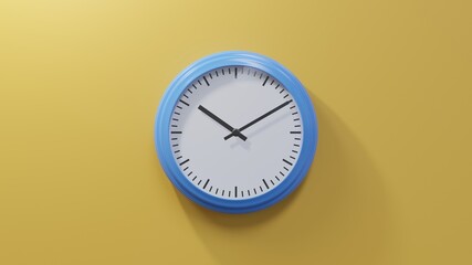 Glossy blue clock on a orange wall at ten past ten. Time is 10:10 or 22:10