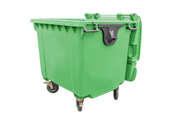 Green street trash can with wheels isolated on a white background. Municipal environmental management and garbage collection services
