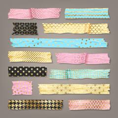 Vector scrapbooking set of colorful sticky washi tapes with torn edges. Collection of gold glitter scotch strips with geometric patterns