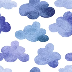 Schilderijen op glas Watercolor sky seamless pattern with blue rain clouds on white background © Tamiris