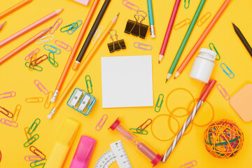 MOCKUP School office supplies on yellow background flat lay with copy space