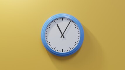 Glossy blue clock on a orange wall at five past eleven. Time is 11:05 or 23:05